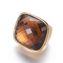 Золотой Ионное покрытие (ip) 304 перстни из нержавеющей стали, со стразами, квадратный, золотые, Размер 6~9, 16~19 мм