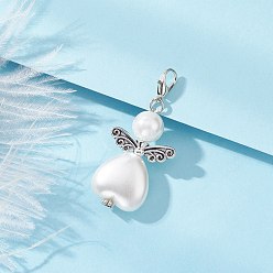 Античный Серебристый & Платиновый 50шт. АБС-пластик, имитация жемчуга и стеклянный жемчуг, подвеска в форме сердца в виде ангела, украшения, с крыльями из сплава и застежками-клешнями, белые, старинное серебро и платина, 48 мм, Кулон : 37x22x10 мм