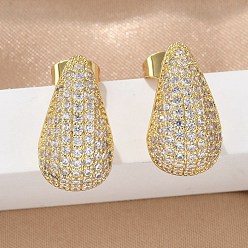 Plaqué 18K Or Véritable 304 boucles d'oreilles en acier inoxydable avec zircons cubiques transparents, larme, réel 18 k plaqué or, 18.5x10.5mm