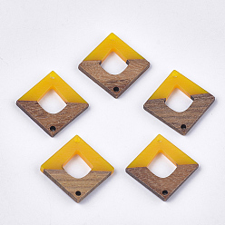 Gold Resin & Walnut Wood Links connectors, Rhombus, Gold, 27.5x27.5x3~3.5mm, Hole: 2mm