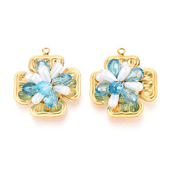 Небесно-голубой 304 подвески из нержавеющей стали, цветок, со стеклом и АБС-пластиком, имитация жемчуга, реальный 18 k позолоченный, ионное покрытие (ip), граненые, голубой, 31.5x28x11~12 мм, отверстие : 1.8 мм