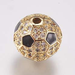 Golden Brass Micro Pave Cubic Zirconia Beads, with Enamel, Round, Black & Clear, Golden, 9.5mm, Hole: 1mm