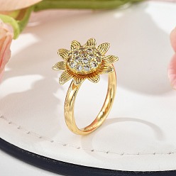 Цветок Вращающиеся кольца для женщин, латунные кольца-спиннеры с микро-паве и прозрачным кубическим цирконием, подсолнечник, внутренний диаметр: 19 мм, Цветок: 16.5x17 мм