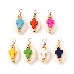 Золотой Подвески из окрашенной синтетической бирюзы и натуральной ракушки каури, с обмоткой из медной проволоки, разноцветные, золотые, 26.5x13x10.5 мм, отверстие : 3 мм