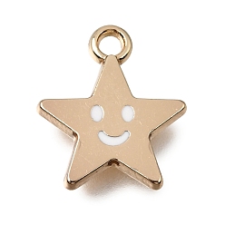 White Alloy with Enamel Charms, Star with Smiling Face Charms, Rack Plating, Golden, White, 14x12x1.5mm, Hole: 1.6mm