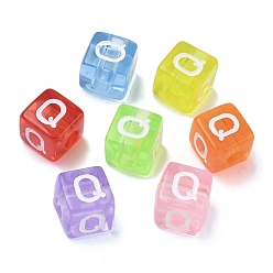 Letter Q Прозрачные акриловые бусины, окрашенные спреем, куб с письмом, разноцветные, Буква Q, 9.5x9.5x10 мм, отверстие : 3.8 мм, Около 570 шт / 500 г