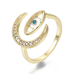 Golden Brass Micro Pave Clear Cubic Zirconia Cuff Rings, Open Rings, with Enamel, Cadmium Free & Nickel Free & Lead Free, Eye with Moon, Golden, Inner Diameter: 17mm