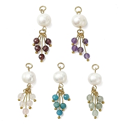 Смешанные камни Подвески из натуральных смешанных камней и культивированного пресноводного жемчуга, Граненые круглые подвески-кисточки из картофельных бусин с петлями из нержавеющей стали, золотые, 304 мм, Перейти кольцо: 37x9x9.5 мм, внутренний диаметр: 5x0.8 мм