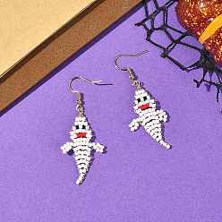 Ghost Halloween Glass Seed Bead Dangle Earrings, 304 Stainless Steel Dangle Earrings for Women, Golden, Ghost, 57~59x23mm
