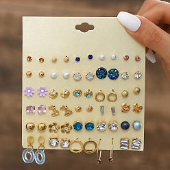 Стально-синий 30пары комплектов серег-гвоздиков из сплава и пластика с имитацией жемчуга и страз, золотые, стальной синий, 108x115 мм