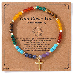 Смешанные камни Браслеты из натуральных смешанных круглых бусин из драгоценных камней, эластичные, браслеты с подвесками из сплава для женщин, крестик, с открытки, регулируемый