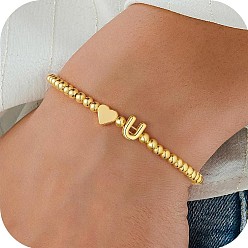 Letter U Эластичные браслеты из сплава бусин для женщин, сердце с письмом, золотые, Буква U, 6.69 дюйм (17 см)