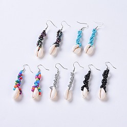 Mixed Color Baking Paint Glass Seed Beads Dangle Earrings, with Cowrie Shell and Brass Earring Hooks, Platinum, Mixed Color, 63~68mm, Pin: 0.6mm