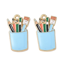 Light Sky Blue Alloy with Enamel Pendants, Pencil Holder Charms, Cadmium Free & Nickel Free & Lead Free, Golden, Light Sky Blue, 25.5x15x2mm, Hole: 1.8mm