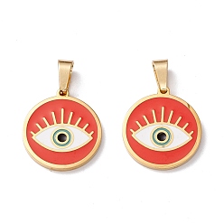 Golden Ion Plating(IP) 304 Stainless Steel Enamel Pendants, Flat Round with Eye, Golden, 17x15x1.5mm, Hole: 5X3mm
