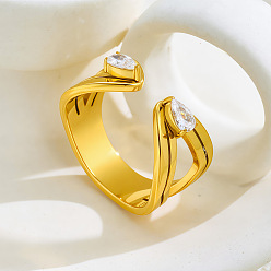 Золотой 304 Открытые кольца для манжеты из нержавеющей стали и кубического циркония, слеза, золотые, размер США 7 (17.3 мм)