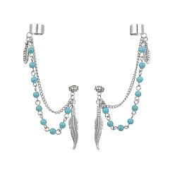 Античное Серебро Серьги-гвоздики из сплава в тибетском стиле с перьями и манжетой для ушей, серьги с кисточками и цепочкой из синтетических зеленых бирюзовых бусин, античное серебро, 89 мм