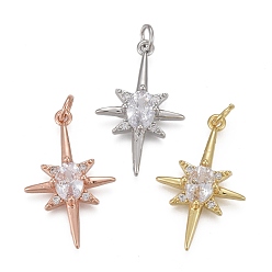 Mixed Color Brass Micro Pave Clear Cubic Zirconia Pendants, with Jump Rings, Long-Lasting Plated, Shining Star, Mixed Color, 26x16x4.5mm, Hole: 3mm