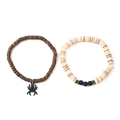 (52) Непрозрачная лаванда 2шт. эластичные браслеты из натурального черного агата, кокоса и ракушек, Сплав с подвесками, разноцветные, бусина : 5.5~7.5x2.5~6 mm, внутренний диаметр: 2-1/4 дюйм (5.75 см)