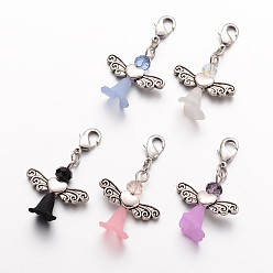 Mixed Color Glass Pendant, Tibetan Style Alloy Beads, Transparent Acrylic Beads, with Lobster Claw Clasp, Lovely Wedding Dress Angel Dangle, Antique Silver, Mixed Color, 40x23.5x10mm
