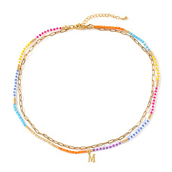 Letter M Красочные подвески с инициалами из бисера, двухслойные ожерелья, 304 ювелирные изделия из нержавеющей стали, золотые, Буква М, 16.54 дюйм (42 см)