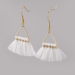 White Dangle Earrings, with Cotton Tassel Pendant Decorations, with Brass Findings and 304 Stainless Steel Earring Hooks, White, 46.5~50mm, Pendant: 27.5x16.5x2mm
