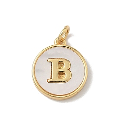 Letter B Латунный паве натуральный ракушка плоский круглый с буквенными подвесками, реальный 18 k позолоченный, долговечный, без свинца и без кадмия, стойки покрытие, цвет морской раковины, В письме, 15x13x2 мм, отверстие : 3 мм