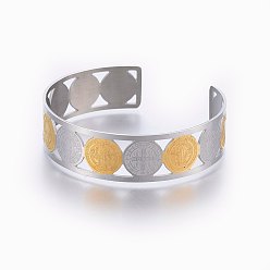 Golden & Stainless Steel Color 304 Stainless Steel Cuff Bangles, Saint Benedict Medal, Engrave Solid Bangle for Birthday Jewelry Gift, Golden & Stainless Steel Color, 2 inch(5.2cm)x2-1/8 inch(5.5cm), 15mm