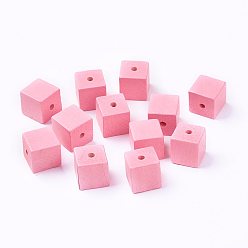 Pink Природных шарики древесины, окрашенные, кубические, розовые, 14~15x14~15x14~15 мм, отверстие : 3 мм