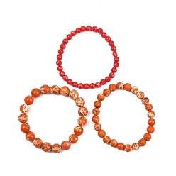 Сиена 3шт 3 размер синтетическая имперская яшма круглые браслеты из бисера стрейч набор, украшения из драгоценных камней для женщин, цвет охры, внутренний диаметр: 2-1/8 дюйм (5.5 см), бусины : 6~10 мм, 1 шт / размер