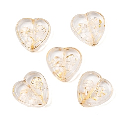 Clear Baking Paint and Golden Metal Enlaced Glass Beads, Heart with Flower, Clear, 15.5x16x4mm, Hole: 1.2mm