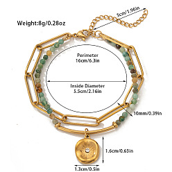 Плоский Круглый 304 двухслойные браслеты из нержавеющей стали и бусин из натурального цветка амазонита, шарм браслеты, золотые, плоско-круглые, 6-1/4 дюйм (16 см)