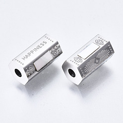 Stainless Steel Color 304 Stainless Steel Beads, with Shell, Hexagonal Prism with Word Happiness, Stainless Steel Color, 11.5x6.5x6mm, Hole: 2mm