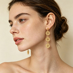 Golden Alloy Flower Stud Dangle Earrings for Women, Golden, 52x12mm