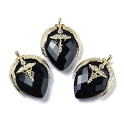 Обсидиан Природные подвески обсидиана, С нахождением латуни и кубическим цирконием, подвески в форме клубники, крыло, крестик, граненые, 25.5x18x7.5 мм, отверстие : 1.6 мм