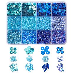 Blue DIY Beads Jewelry Making Finding Kit, Including Glass Seed & Bugle & Plastic Paillette Beads, Round & Tube & Disc, Blue, 106g/box