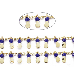 Dark Blue Handmade Glass Beaded Chains, with Real 18K Gold Plated Brass Side Twisted Chains Curb Chains, with Spool, Long-Lasting Plated, Soldered, Dark Blue, 2.5x2x1mm, teardrop,: 10x3x3mm, about 32.8 Feet(10m)/roll