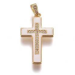Golden Brass Micro Pave Clear Cubic Zirconia Pendants, with Enamel, Cross, White, Golden, 28x16.5x4.5mm, Hole: 5.5x2.5mm
