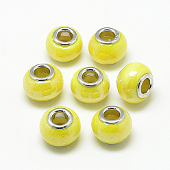 Gelb Handgemachte glasperlen murano glas großlochperlen, mit Messing-Doppelkerne, Großloch perlen, Rondell, Platin Farbe, Gelb, 13~14x10~11 mm, Bohrung: 5 mm