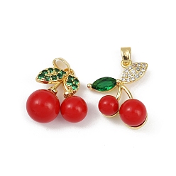 Настоящее золото 18K Латунные микро проложить кубического циркония подвески, вишня, с пластмассовой жемчужиной abs, без свинца и без кадмия, долговечный, стойки покрытие, реальный 18 k позолоченный, 19.5~21.5x17.5~18.5x10 мм, отверстие : 5x3/4x2 мм