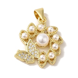 Бабочка Покрытие стойки латунь микропаве прозрачные подвески из кубического циркония, с пластиковыми жемчужные бусины, без кадмия и без свинца, реальный 18 k позолоченный, долговечный, бабочка, 21x17.5x5.5 мм, отверстие : 5x3.5 мм