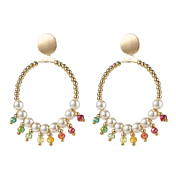 Colorful Round Shell Pearl Beads & Glass Beads Big Ring Dangle Stud Earrings, Brass Earring for Girl Women, Golden, Colorful, 64.5mm, Pin: 0.7mm