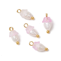 Бледно-Розовый Цветочные акриловые подвески, с латунными штифтами с шаровидной головкой и бусиной из натурального культивированного пресноводного жемчуга, матовые, розовый жемчуг, 11.5x6 мм, отверстие : 1.6 мм