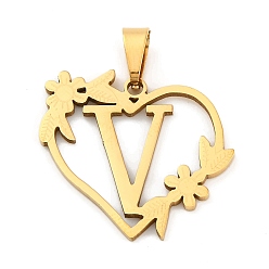 Letter V Ионное покрытие (ip) 201 подвески из нержавеющей стали, сердце с подвесками в виде букв, золотые, Буква V, 23x25x1.5 мм, отверстие : 7.5x3.5 мм