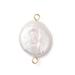 Золотой Подвески-коннекторы из натурального жемчуга Кеши, плоские круглые ссылки, с 304 двойными петлями из нержавеющей стали, белые, золотые, 24.5~25x16x5~6 мм, отверстие : 2 мм