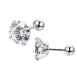 Нержавеющая Сталь Цвет Серьги-гвоздики из нержавеющей стали с микропаве из прозрачных кубических цирконий, плоско-круглые, цвет нержавеющей стали, 3 мм