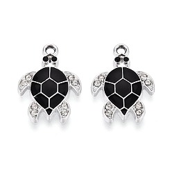 Черный Rhinestone сплава и эмали подвески, черепаха, платина, чёрные, 21x15x2.2 мм, отверстие : 1.6 мм