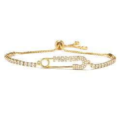 Золотой Браслеты-слайдеры ко дню матери из латуни с микропаве из прозрачного кубического циркония, браслеты для женщин, скрепка для бумаг, золотые, 5-7/8~11-3/4 дюйм (15~30 см)