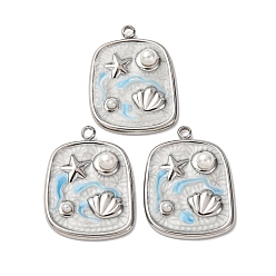 Белый 304 нержавеющей стальной эмали подвески, с абс пластмассовыми жемчужными бисером, прямоугольник с морской звездой и ракушкой, белые, 23.5x17.5x5.5 мм, отверстие : 1.6 мм
