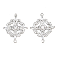 Real Platinum Plated Brass Micro Pave Clear Cubic Zirconia Connector Charms, Flower Links, Real Platinum Plated, 26.5x21.5x3.5mm, Hole: 1.2mm